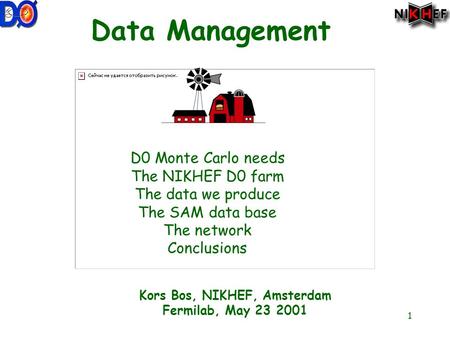 1 Data Management D0 Monte Carlo needs The NIKHEF D0 farm The data we produce The SAM data base The network Conclusions Kors Bos, NIKHEF, Amsterdam Fermilab,