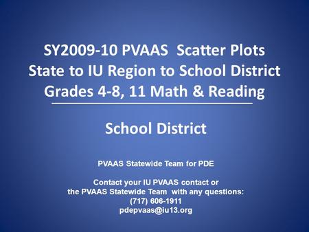 SY2009-10 PVAAS Scatter Plots State to IU Region to School District Grades 4-8, 11 Math & Reading PVAAS Statewide Team for PDE Contact your IU PVAAS contact.