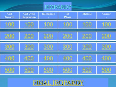 Cancer. Mitosis. M Phase Interphase. Cell Cycle Regulation Cell Growth 100 200 300 400 500 FINAL JEOPARDY FINAL JEOPARDY.