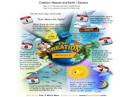Creation: Heaven and Earth / Genesis https://www.youtube.com/watch?v=BOZa45ZXby8 https://www.youtube.com/watch?v=h7Bjh6_e5pU.