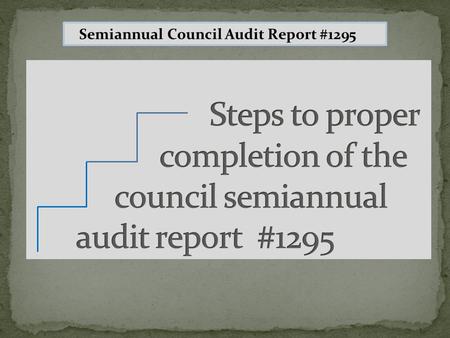 Semiannual CouncilAudit Report #1295. Why Verify additions and changes in council membership status. Assures that all financial transactions are properly.