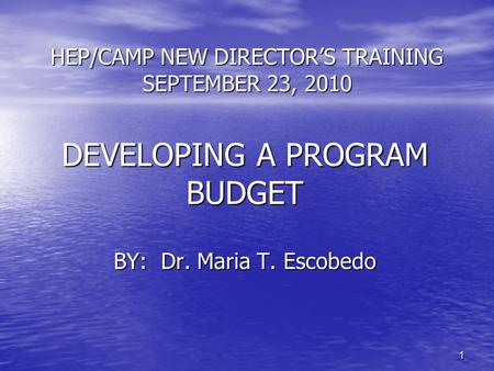 11 HEP/CAMP NEW DIRECTOR’S TRAINING SEPTEMBER 23, 2010 DEVELOPING A PROGRAM BUDGET BY: Dr. Maria T. Escobedo.