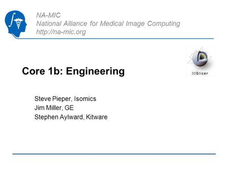 NA-MIC National Alliance for Medical Image Computing  Core 1b: Engineering Steve Pieper, Isomics Jim Miller, GE Stephen Aylward, Kitware.
