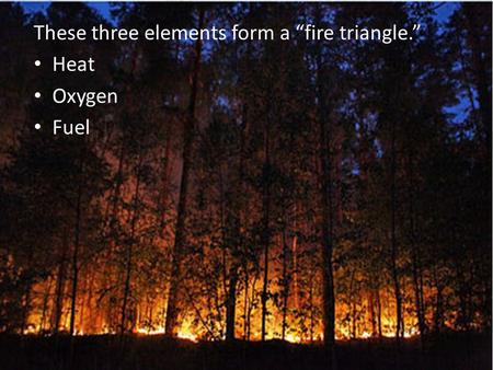 These three elements form a “fire triangle.” Heat Oxygen Fuel.