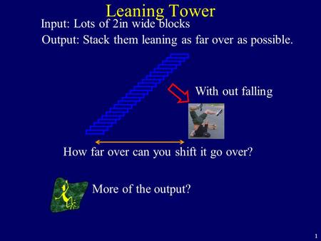 1 Leaning Tower Output: Stack them leaning as far over as possible. Input: Lots of 2in wide blocks More of the output? With out falling How far over can.