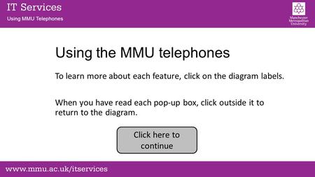 Using MMU Telephones Using the MMU telephones To learn more about each feature, click on the diagram labels. When you have read each pop-up box, click.