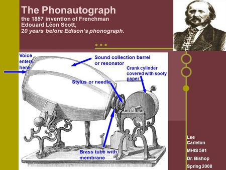 The Phonautograph the 1857 invention of Frenchman Edouard Léon Scott, 20 years before Edison’s phonograph. Sound collection barrel or resonator Voice enters.
