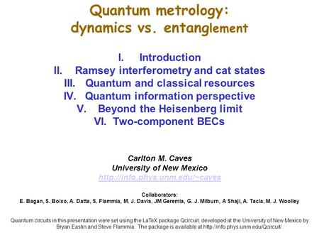 Quantum metrology: dynamics vs. entang lement I.Introduction II.Ramsey interferometry and cat states III.Quantum and classical resources IV.Quantum information.