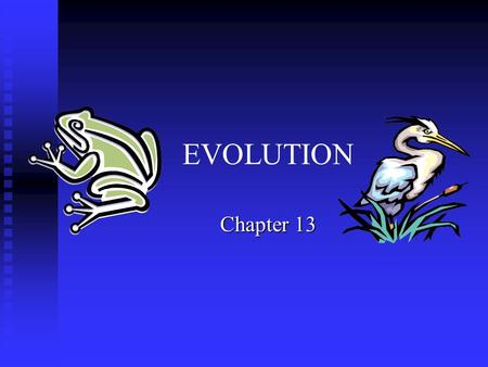 EVOLUTION Chapter 13. Darwin’s Theory of Evolution Evolution, or change over time, is the process by which modern organisms have descended from ancient.