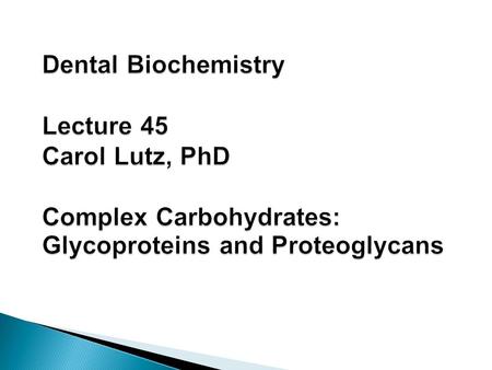 Dental Biochemistry Lecture 45 Carol Lutz, PhD Complex Carbohydrates: Glycoproteins and Proteoglycans.