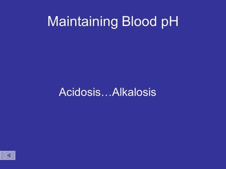 Maintaining Blood pH Acidosis…Alkalosis. Maintaining Blood pH Acid entering the blood stream Carbon dioxide is exhaled HCO 3 1- + H + H 2 CO 3 H 2 O +