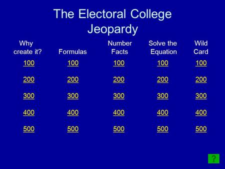 The Electoral College Jeopardy Why NumberSolve the Wild create it?Formulas Facts EquationCard 100 100 100 100 100100 200 200 200 200 200200 300 300 300.