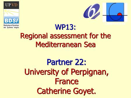 WP13: Regional assessment for the Mediterranean Sea Partner 22: University of Perpignan, France Catherine Goyet. CARBOOCEAN.