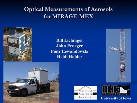 Optical Measurements of Aerosols for MIRAGE-MEX University of Iowa Bill Eichinger John Prueger Piotr Lewandowski Heidi Holder.