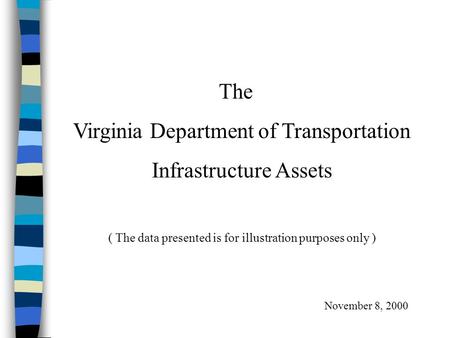 The Virginia Department of Transportation Infrastructure Assets ( The data presented is for illustration purposes only ) November 8, 2000.