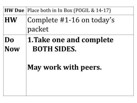 HW DuePlace both in In Box (POGIL & 14-17) HWComplete #1-16 on today’s packet Do Now 1.Take one and complete BOTH SIDES. May work with peers.