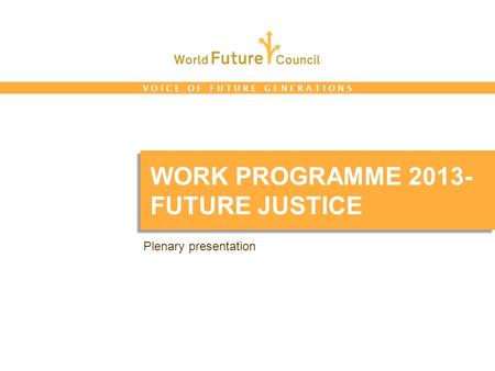 V O I C E O F F U T U R E G E N E R A T I O N S WORK PROGRAMME 2013- FUTURE JUSTICE Plenary presentation.