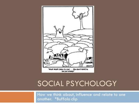 SOCIAL PSYCHOLOGY How we think about, influence and relate to one another. *Buffalo clip.