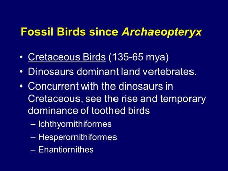 Fossil Birds since Archaeopteryx Cretaceous Birds (135-65 mya) Dinosaurs dominant land vertebrates. Concurrent with the dinosaurs in Cretaceous, see the.