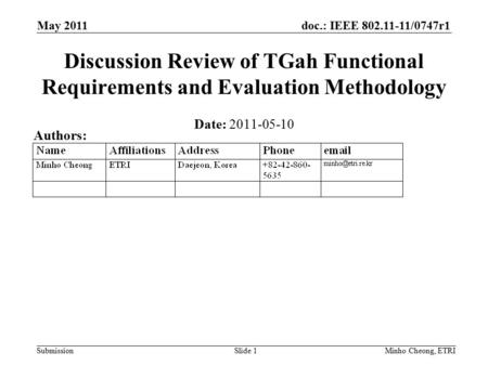 Doc.: IEEE 802.11-11/0747r1 Submission May 2011 Minho Cheong, ETRISlide 1 Discussion Review of TGah Functional Requirements and Evaluation Methodology.