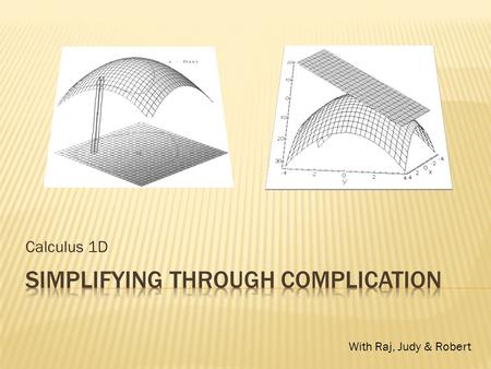 Calculus 1D With Raj, Judy & Robert.  Hyperbolic & Inverse  Contour Maps  Vectors  Curvaturez, Normal, Tangential  Parameterization  Coordinate.