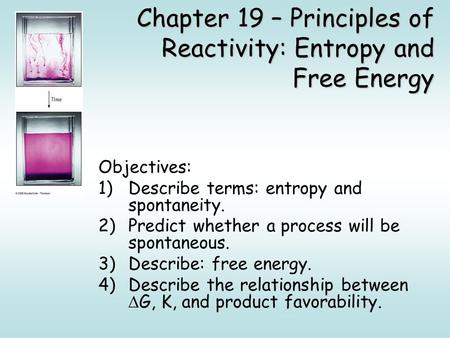 Chapter 19 – Principles of Reactivity: Entropy and Free Energy Objectives: 1)Describe terms: entropy and spontaneity. 2)Predict whether a process will.
