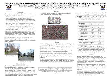 Inventorying and Assessing the Values of Urban Trees in Kingston, PA using CITYgreen ® 5.0 Brian Keating, Elizabeth Roveda, Megan Smith, Kenneth Klemow,