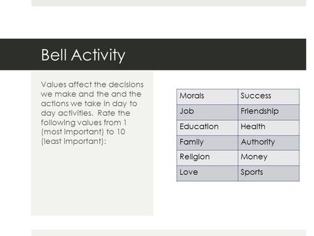 Bell Activity MoralsSuccess JobFriendship EducationHealth FamilyAuthority ReligionMoney LoveSports Values affect the decisions we make and the and the.