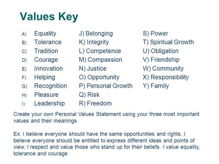 Values Key A) Equality B) Tolerance C) Tradition D) Courage E) Innovation F) Helping G) Recognition H) Pleasure I) Leadership J) Belonging K) Integrity.