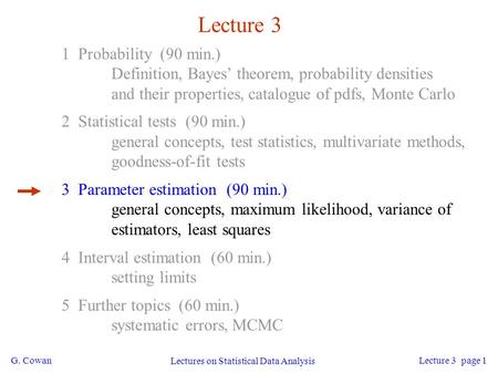 G. Cowan Lectures on Statistical Data Analysis Lecture 3 page 1 Lecture 3 1 Probability (90 min.) Definition, Bayes’ theorem, probability densities and.
