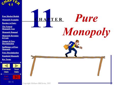 11 - 1 Copyright McGraw-Hill/Irwin, 2005 Four Market Models Monopoly Examples Barriers to Entry The Natural Monopoly Case Monopoly Demand Monopoly Revenues.