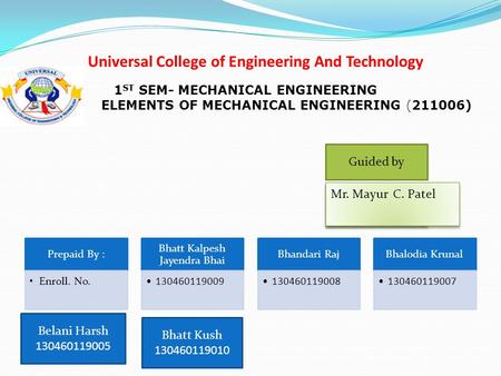 Universal College of Engineering And Technology Prepaid By : Enroll. No. Bhatt Kalpesh Jayendra Bhai 130460119009 Bhandari Raj 130460119008 Bhalodia Krunal.
