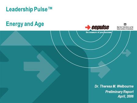 Leadership Pulse™ Energy and Age Dr. Theresa M. Welbourne Preliminary Report April, 2006 the measure of your success.