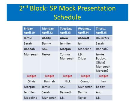 2 nd Block: SP Mock Presentation Schedule Friday, April 19 Monday, April 22 Tuesday, April 23 Wednes., April 24 Thurs., April 25 JamieBobbyOliviaBennettDo-Overs.