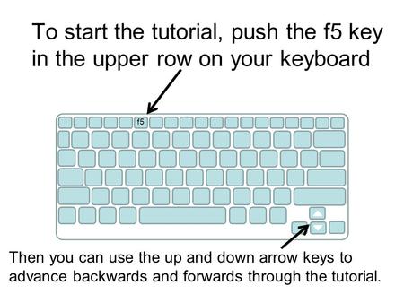 To start the tutorial, push the f5 key in the upper row on your keyboard f5 Then you can use the up and down arrow keys to advance backwards and forwards.