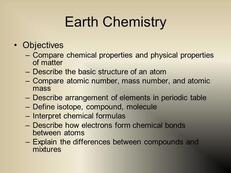 Earth Chemistry Objectives