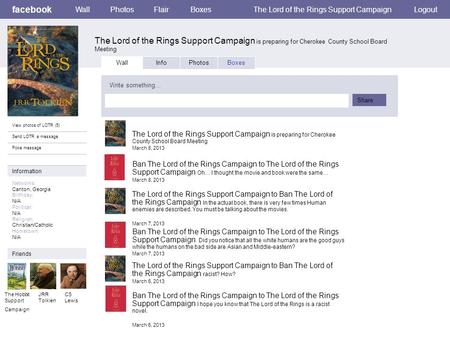 Facebook The Lord of the Rings Support Campaign is preparing for Cherokee County School Board Meeting WallPhotosFlairBoxesThe Lord of the Rings Support.