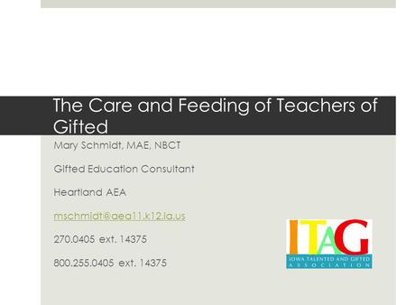 The Care and Feeding of Teachers of Gifted Mary Schmidt, MAE, NBCT Gifted Education Consultant Heartland AEA 270.0405 ext. 14375.