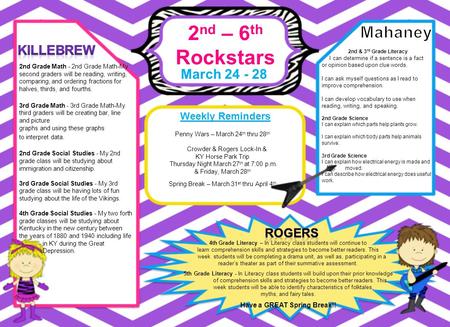 2 nd – 6 th Rockstars March 24 - 28 Weekly Reminders 4th Grade Literacy – In Literacy class students will continue to learn comprehension skills and strategies.