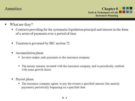 8 - 1 Annuities  What are they?  Contracts providing for the systematic liquidation principal and interest in the form of a series of payments over a.