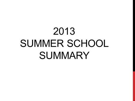 2013 SUMMER SCHOOL SUMMARY. DISTRICT DETAILS Summer school offered at 14 building locations Session schedule: 20 days, June 3-28, 2013 Session hours: