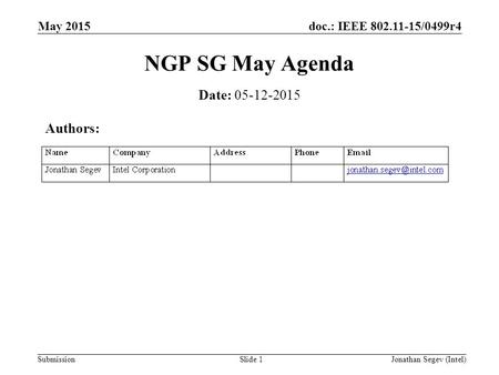 Doc.: IEEE 802.11-15/0499r4 Submission May 2015 Jonathan Segev (Intel)Slide 1 NGP SG May Agenda Date: 05-12-2015 Authors: