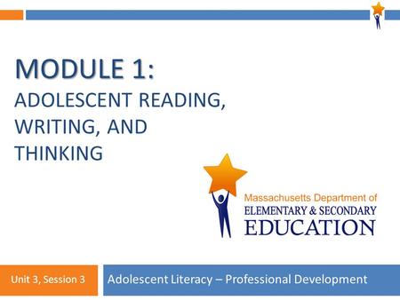Module 1: Unit 3, Session 3 MODULE 1: MODULE 1: ADOLESCENT READING, WRITING, AND THINKING Adolescent Literacy – Professional Development Unit 3, Session.