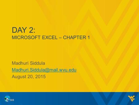 DAY 2: MICROSOFT EXCEL – CHAPTER 1 Madhuri Siddula August 20, 2015.