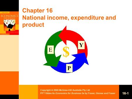Copyright  2005 McGraw-Hill Australia Pty Ltd PPT Slides t/a Economics for Business 3e by Fraser, Gionea and Fraser 16-1 Chapter 16 National income, expenditure.