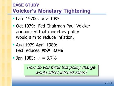 Slide 0 CASE STUDY Volcker’s Monetary Tightening  Late 1970s:  > 10%  Oct 1979: Fed Chairman Paul Volcker announced that monetary policy would aim to.