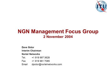 NGN Management Focus Group 2 November 2004 Dave Sidor Interim Chairman Nortel Networks Tel.+1 919 997 3628 Fax+1 919 991 7085