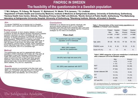 FINDRISC IN SWEDEN The feasibility of the questionnaire in a Swedish population 1,2,3 M.I. Hellgren, 3 P. Friberg, 4 M. Petzold, 1 C. Björkelund, 4 H.