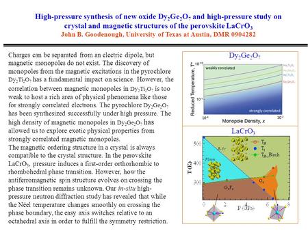 High-pressure synthesis of new oxide Dy 2 Ge 2 O 7 and high-pressure study on crystal and magnetic structures of the perovskite LaCrO 3 John B. Goodenough,