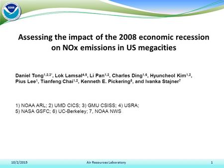 Assessing the impact of the 2008 economic recession on NOx emissions in US megacities 10/2/2015Air Resources Laboratory1 Daniel Tong 1,2,3*, Lok Lamsal.
